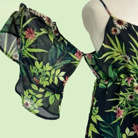 VENUS Tropical Green Black Off Shoulder Spaghetti Strap Blouse Women’s Size L - Picture 2 of 10